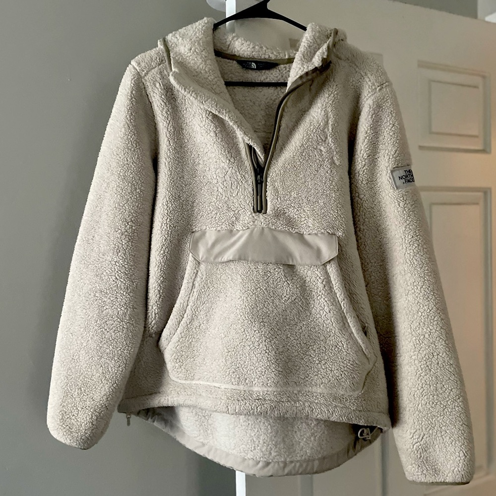 Large Cream Colored North Face Fleece - 3/4 Zip Pullover W/ Hood